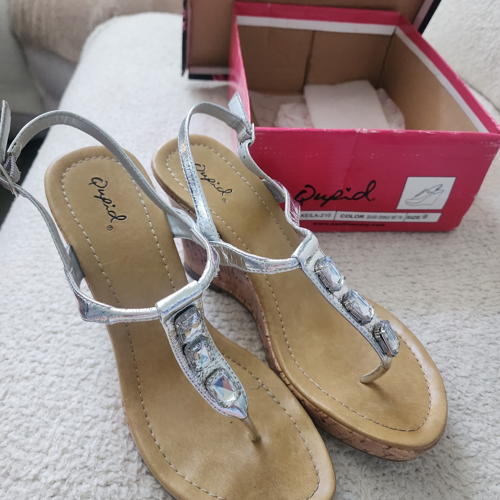 Qupid Silver Women's Wedge Sandals With Rhinestones And 4" Heel